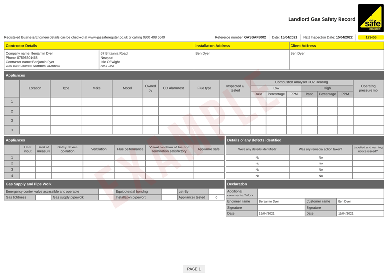 sample CP12 landlord gas safety record